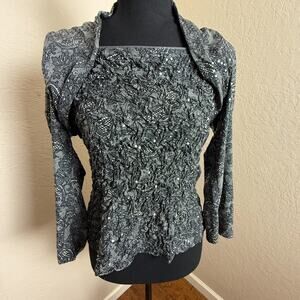 Joseph Ribkoff Womens Top Size 12 Black Lace Sheer Ruched Long Sleeve Blouse